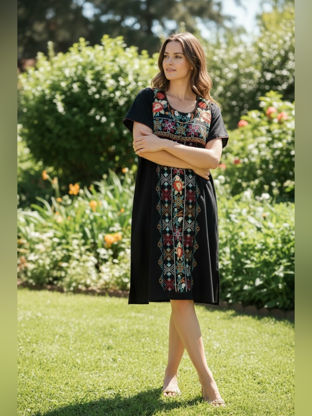 Bohemian Black hand Embroidered Maxi Dress with Floral Motif